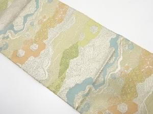 アンティーク　道長取りに流水に菊・芝草模様織り出し袋帯（着用可）